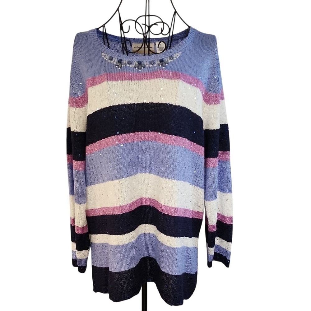 Alfred Dunner Striped Sweater Womens 1X Blue Beaded Sequin Holiday Festive Chic